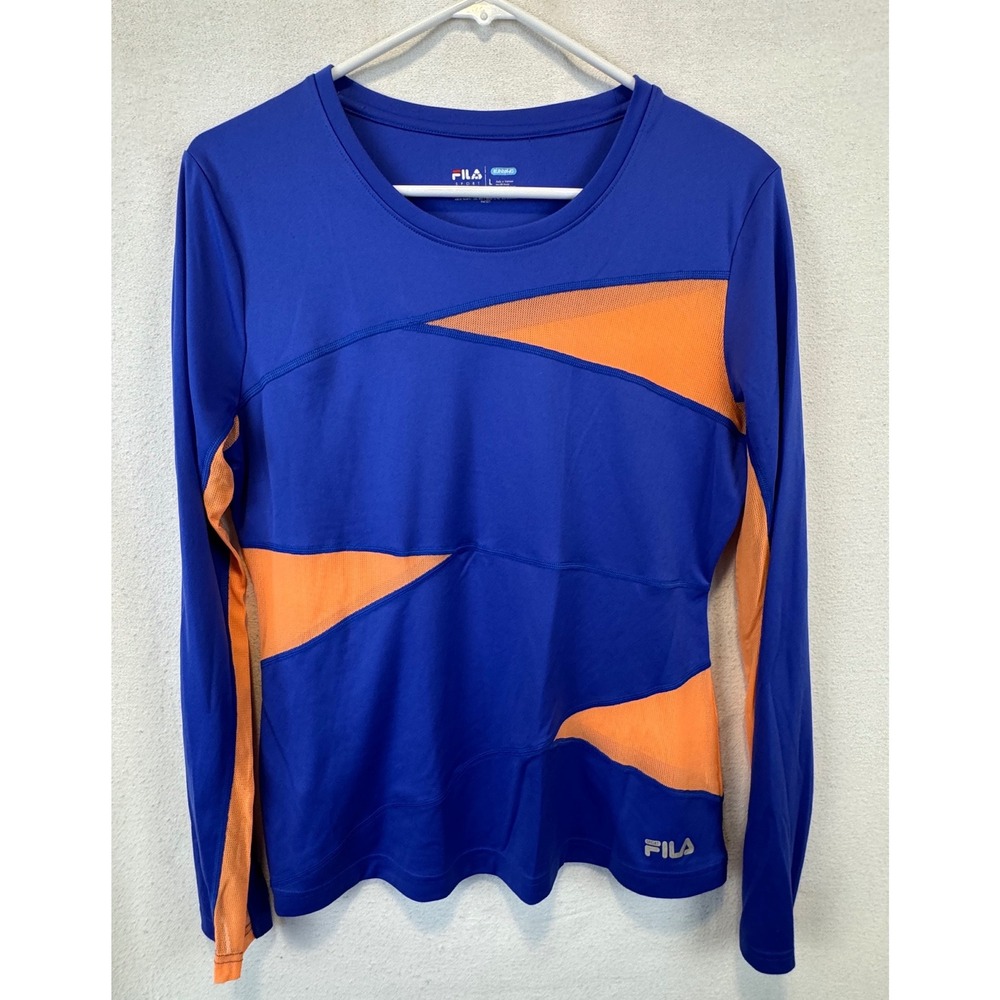 Fila Sport Running Shirt Blue Orange Mesh Spliced Long Sleeve Athletic Top L